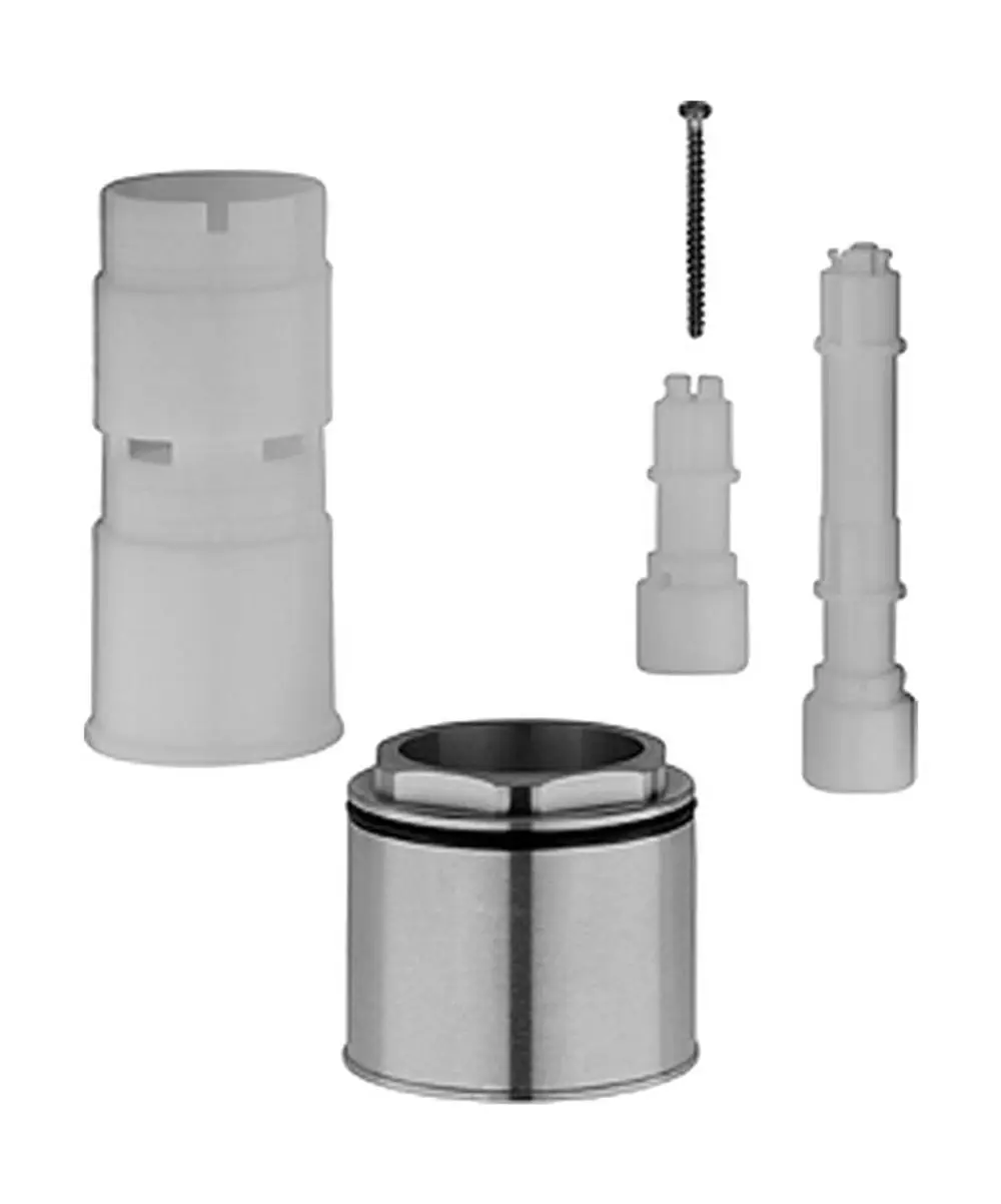 Verpackung mit mehreren Komponenten von HANSA, darunter ein zylindrisches Metallteil und verschiedene Kunststoffteile. Enthält eine Schraube.